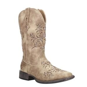 Roper Kennedy Cowboy Boots Womens 10 Tan Pink Glitter Inlay Square Toe NWOT